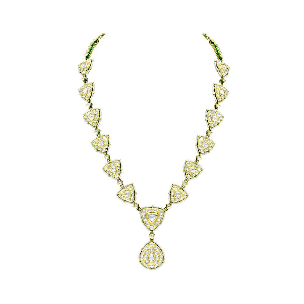 Gold Polki Necklace with Triangular and Teardrop Motifs